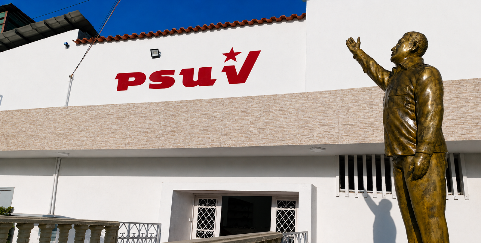 Fachada completa de la Casa del PSUV Zamora y estatua de Hugo Chávez